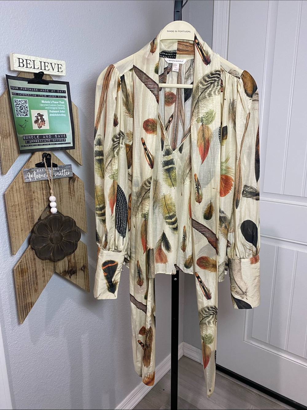 Banana Republic Cotton & Silk Cream Feather-Print Tie-Neck Blouse feather print
